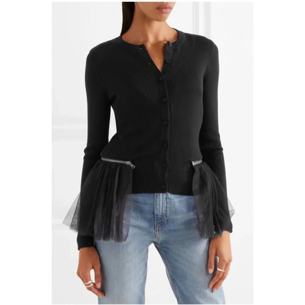 Moschino Couture Black Cardigan Sweater Jacket with Detachable Mesh Ruffled Hem